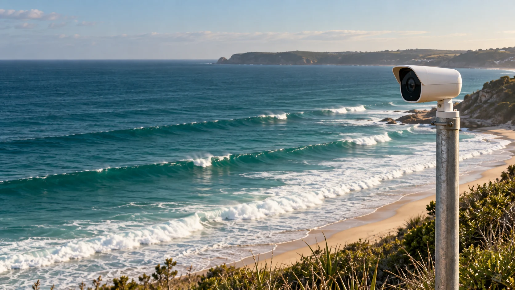 Illustrative coastal webcam overlooking the surf from a beach lookout