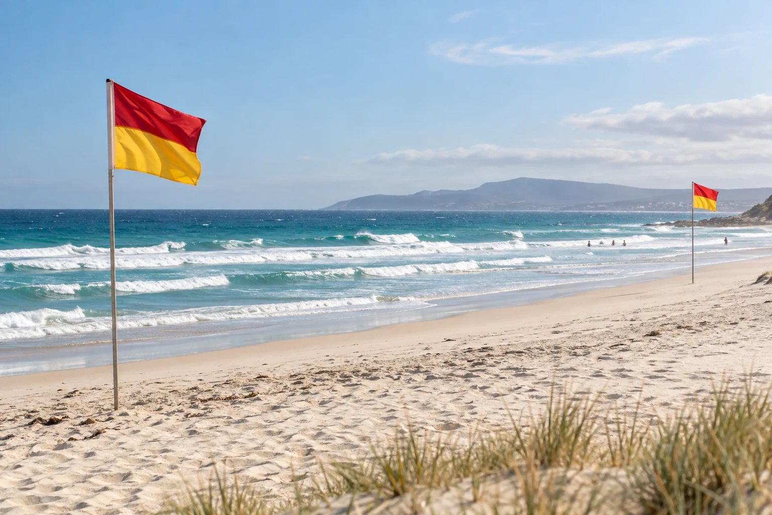 Red and yellow swimming flags on a sandy beach overlooking the surf